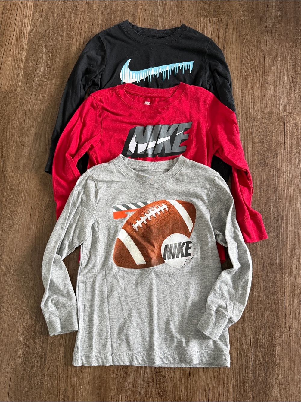 3 Nike Kids Long-Sleeve Tee Trio - Black, Red, Gray Size 6
